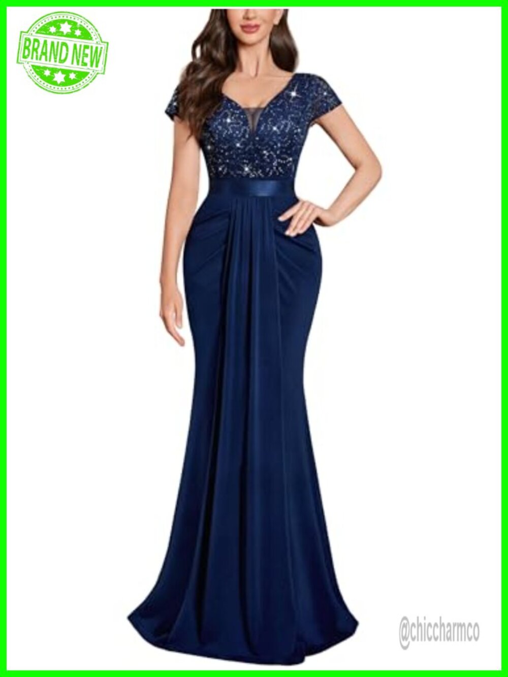 Deep V-Neck Lace Sequin Pleated Formal Maxi Dress